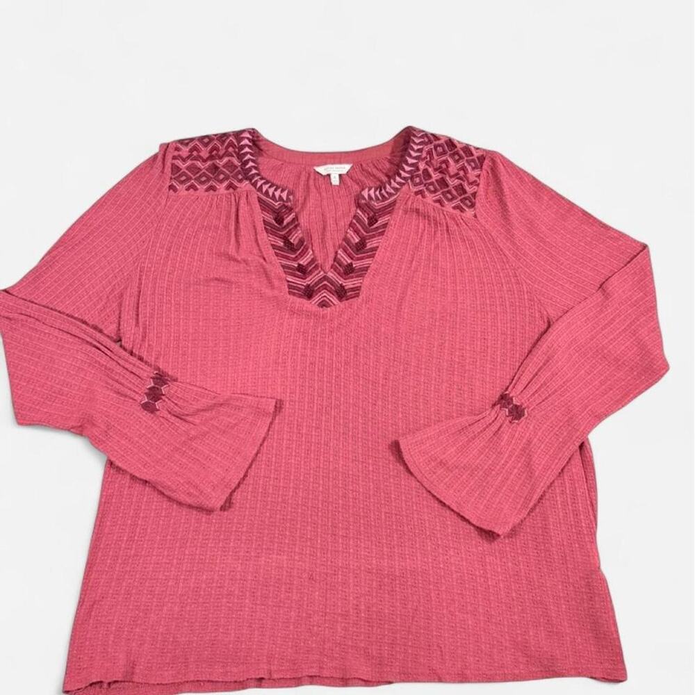 Lucky Brand Womens XL Boho Peasant Top Rose Pink Embroidered Waffle Knit Bell